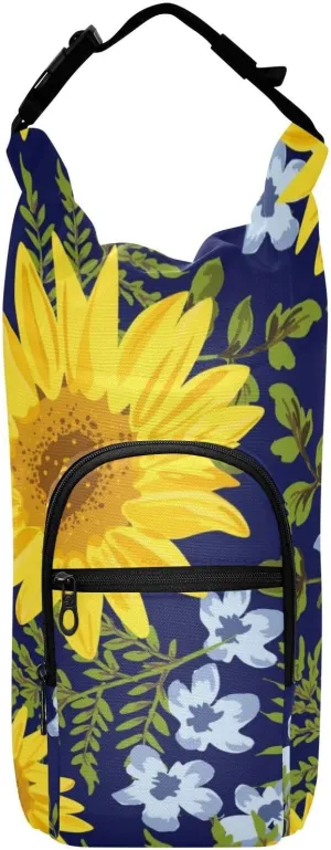 susiyo Sunflowers on Navy Blue Water Bottle Carrier Bag with Pocket, 40/32/24/20oz Insulated Water Bottle Sling Bag with Strap for Walking Hiking Camping Gym