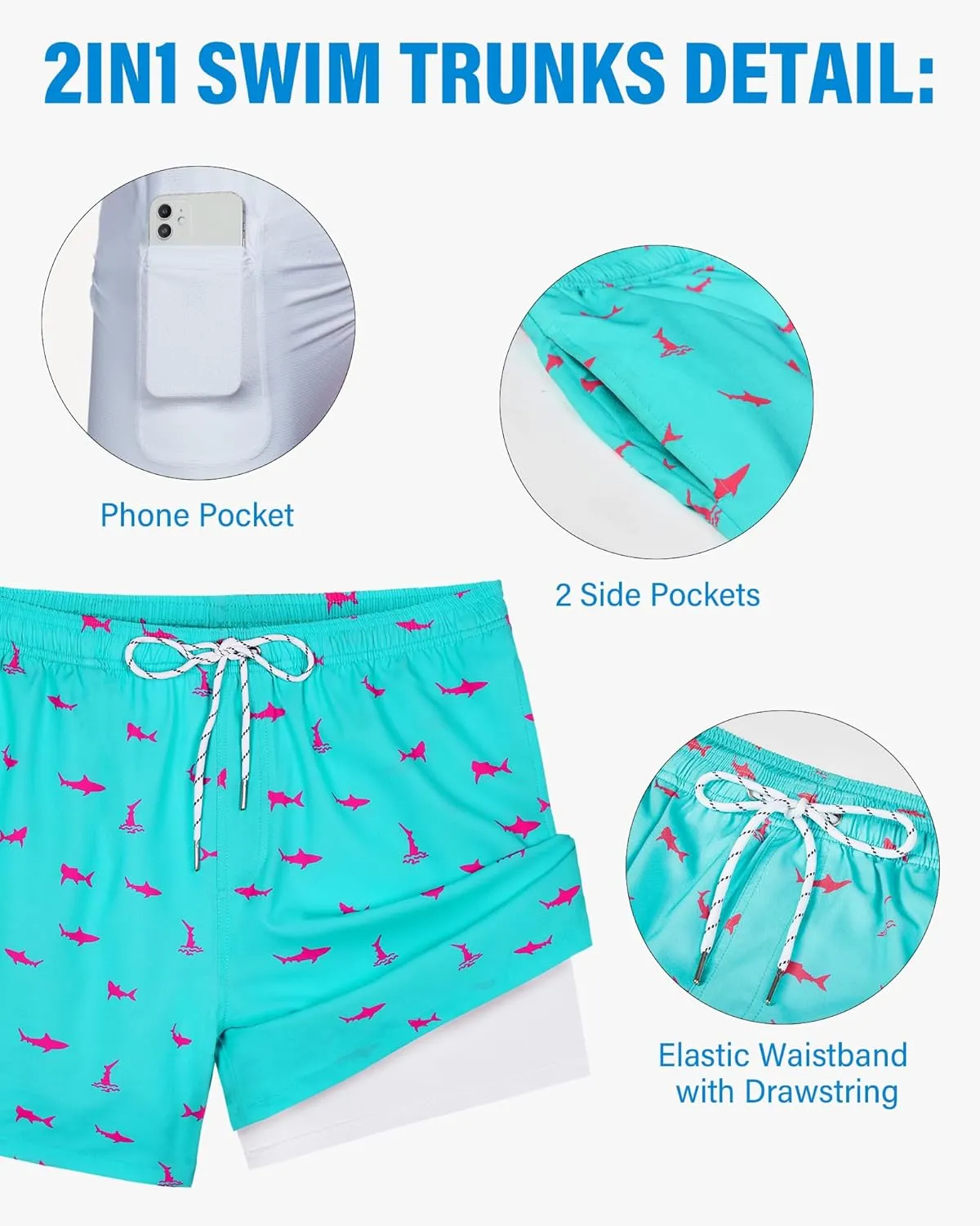 Swim Trunks Mens 5 Inch Inseam Compression Liner Short Men Bathing Suit Lined Swimming Shorts Men's Swim Suits