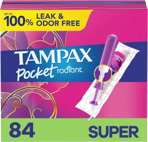 Tampax Compact Radiant Tampons, with LeakGuard Braid & Extendable Applicator, Super Absorbency, Unscented, 28 Count x 3 (84 Count Total) (Packaging May Vary)