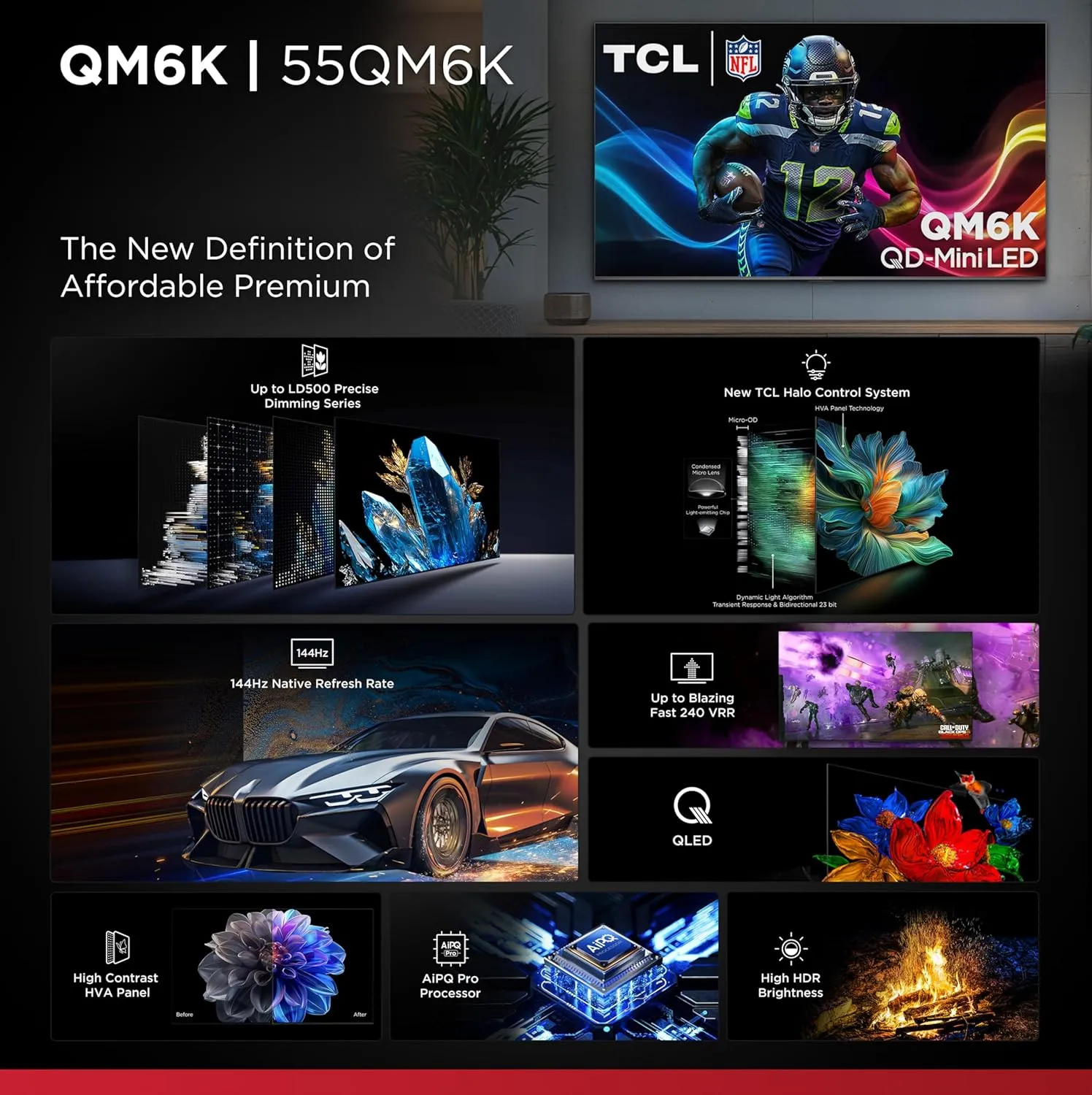 TCL 55-Inch QM6K QLED 4K Smart QD-Mini LED TV with Google TV (55QM6K, 2025 Model) Dolby Vision IQ, Dolby Atmos, HDR, Game Accelerator up to 240Hz, Voice Remote, Works with Alexa, Streaming Television