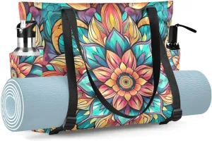 Teal Ceramic Talavera Yoga Mat Bag for Women Yoga Mat Carrier with Pockets Adjustable Gym Tote Shoulder Bag Tote for Women Yoga