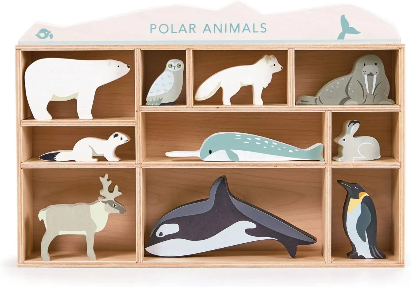 Tender Leaf Toys - Polar Animals - 10 Solid Wood Polar Animals with Shelving Unit - Made for Little Hands, Improve Hand-Eye Coordination for Boys and Girls - Age 3 