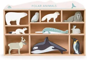 Tender Leaf Toys - Polar Animals - 10 Solid Wood Polar Animals with Shelving Unit - Made for Little Hands, Improve Hand-Eye Coordination for Boys and Girls - Age 3 