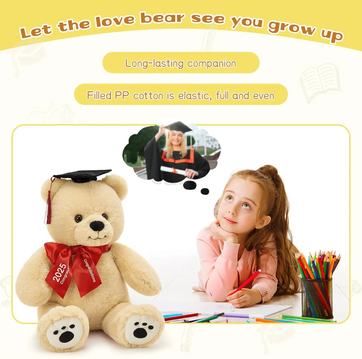 Tezituor 18inch Graduation Teddy Bear Stuffed Animals Plush with Black Cap, Big Brown Graduation Bear Toy Gift for Man Women