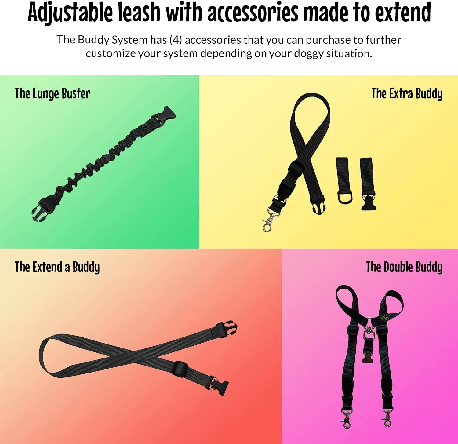 The Buddy System Adjustable Hands Free Dog Leash, Hand-Free Leash for Running, Jogging, Walking, Hiking and Training Service Dogs, Versatile All Dog Sizes - Made in USA - X-Large, Black