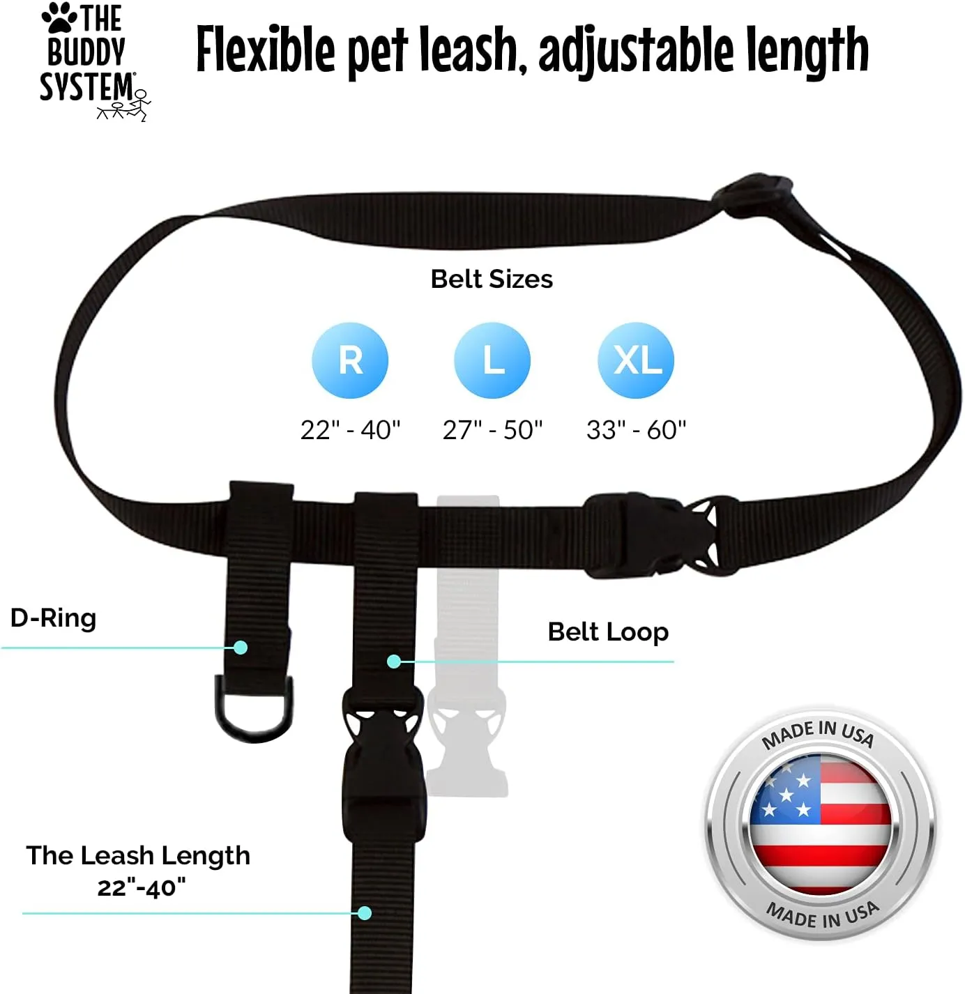 The Buddy System Adjustable Hands Free Dog Leash, Hand-Free Leash for Running, Jogging, Walking, Hiking and Training Service Dogs, Versatile All Dog Sizes - Made in USA - X-Large, Black