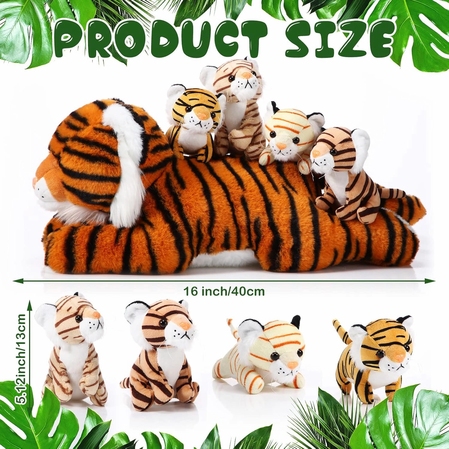 Threan 5 Pcs Tiger Stuffed Animals Plush Toy Set 16 Inch Stuffed Mommy Tiger with 4 Baby Cubs in Zippered Belly Cuddly Plushies for Kids Boys Girls Graduation Forest Birthday Gifts Party Favor(Cute)