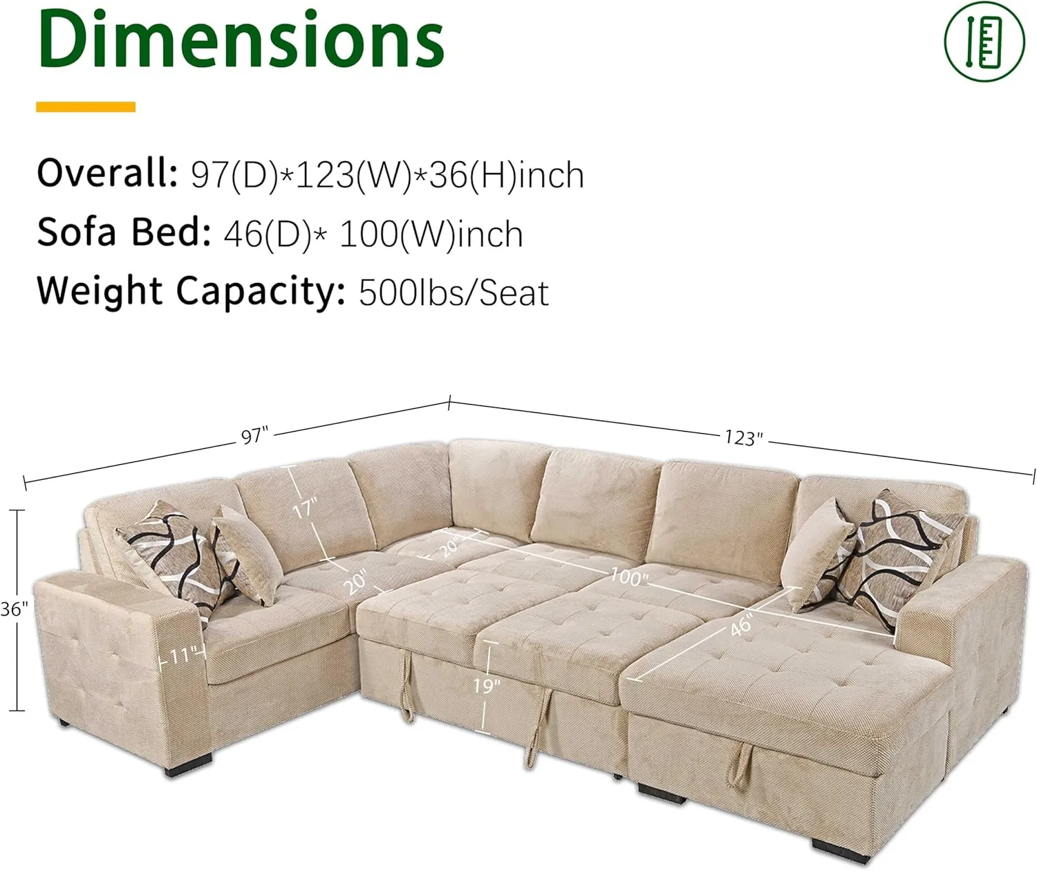 THSUPER 123'' Sectional Sleeper Sofa Couch with Pull Out Bed, 6-Seater U Shaped Oversized Sleeper Sectional Sofas Couches with Storage Chaise for Living Room. Beige