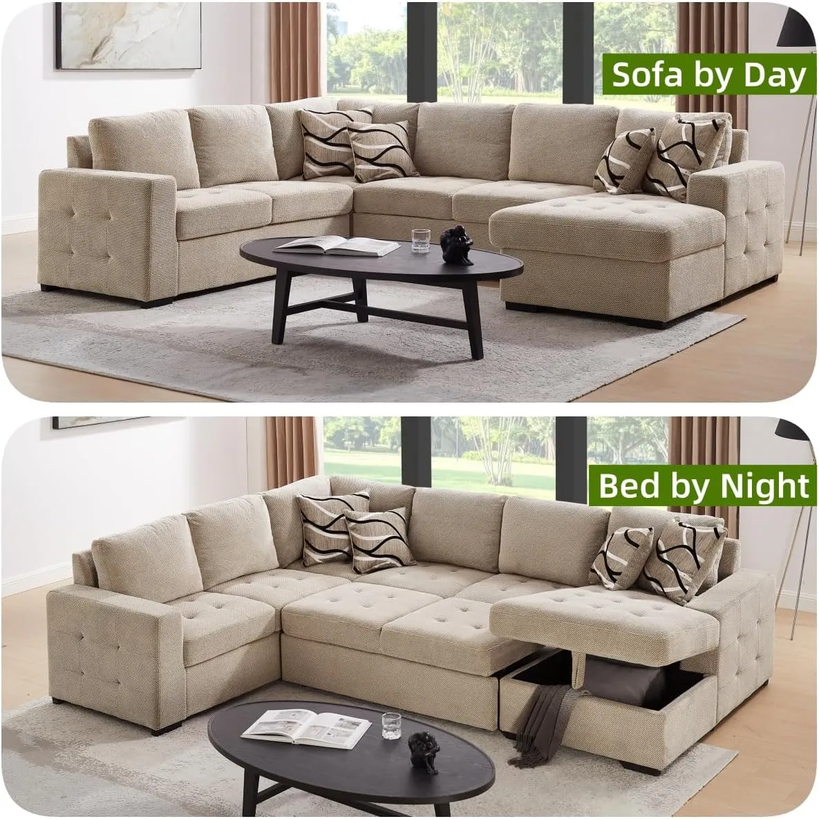 THSUPER 123'' Sectional Sleeper Sofa Couch with Pull Out Bed, 6-Seater U Shaped Oversized Sleeper Sectional Sofas Couches with Storage Chaise for Living Room. Beige