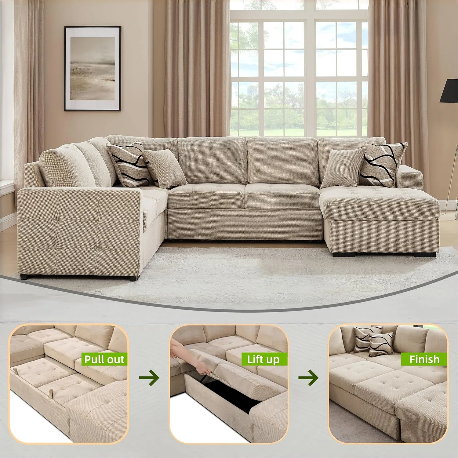 THSUPER 123'' Sectional Sleeper Sofa Couch with Pull Out Bed, 6-Seater U Shaped Oversized Sleeper Sectional Sofas Couches with Storage Chaise for Living Room. Beige