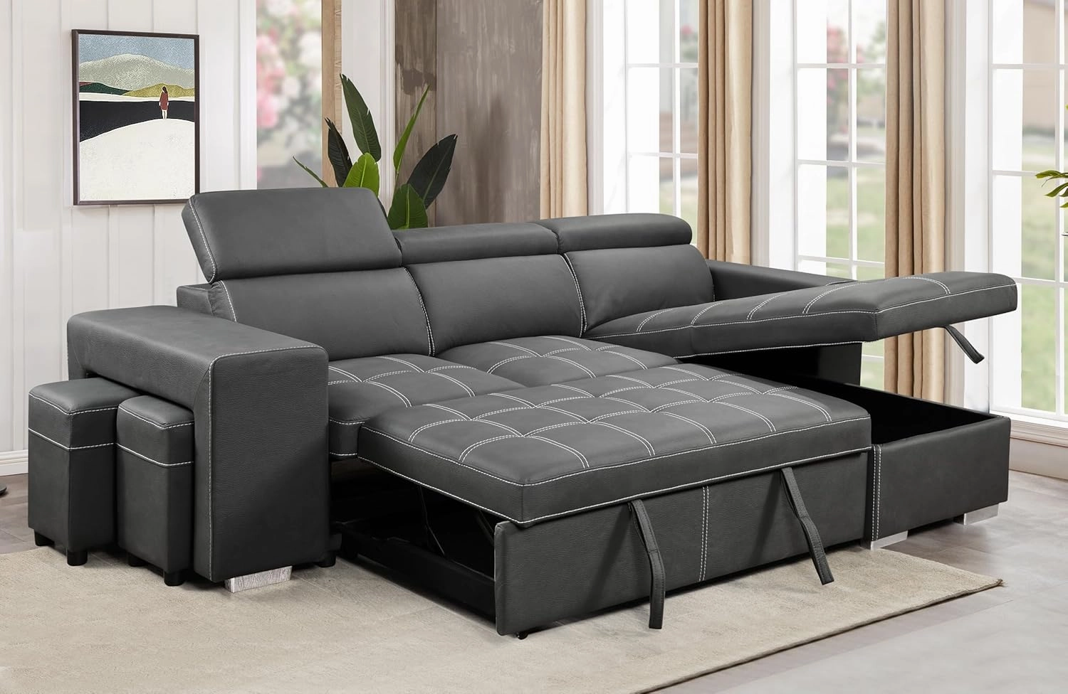 THSUPER 102'' Microfiber L Shaped Sectional Sleeper Sofa Couch with Pullout Bed and Storage Chaise, Convertible Couches with Adjustable Headrest for Living Room, Reversible Chaise. Charcoal Grey