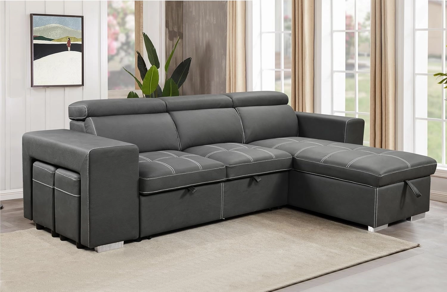 THSUPER 102'' Microfiber L Shaped Sectional Sleeper Sofa Couch with Pullout Bed and Storage Chaise, Convertible Couches with Adjustable Headrest for Living Room, Reversible Chaise. Charcoal Grey