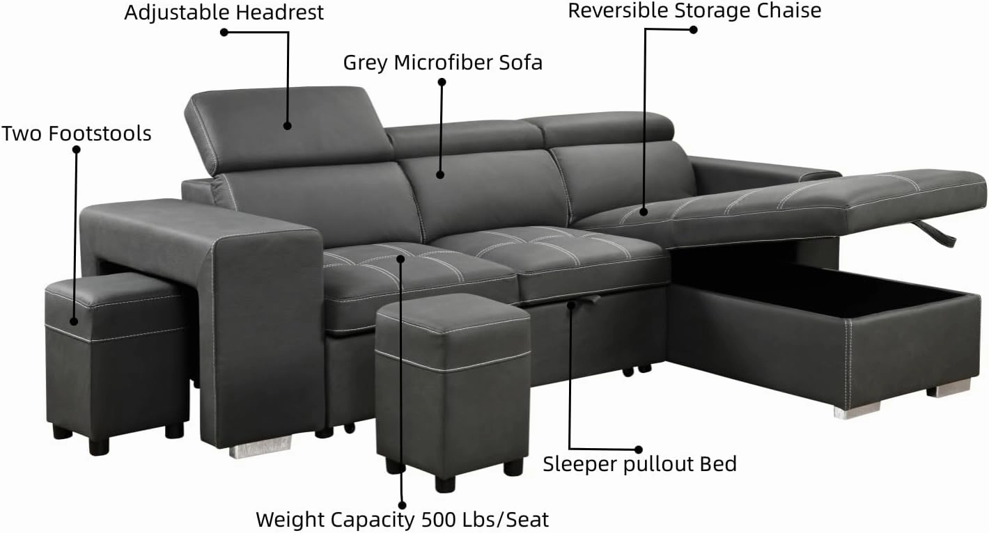 THSUPER 102'' Microfiber L Shaped Sectional Sleeper Sofa Couch with Pullout Bed and Storage Chaise, Convertible Couches with Adjustable Headrest for Living Room, Reversible Chaise. Charcoal Grey