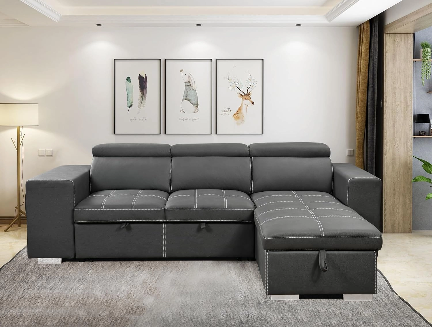 THSUPER 102'' Microfiber L Shaped Sectional Sleeper Sofa Couch with Pullout Bed and Storage Chaise, Convertible Couches with Adjustable Headrest for Living Room, Reversible Chaise. Charcoal Grey