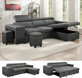 THSUPER 102'' Microfiber L Shaped Sectional Sleeper Sofa Couch with Pullout Bed and Storage Chaise, Convertible Couches with Adjustable Headrest for Living Room, Reversible Chaise. Charcoal Grey