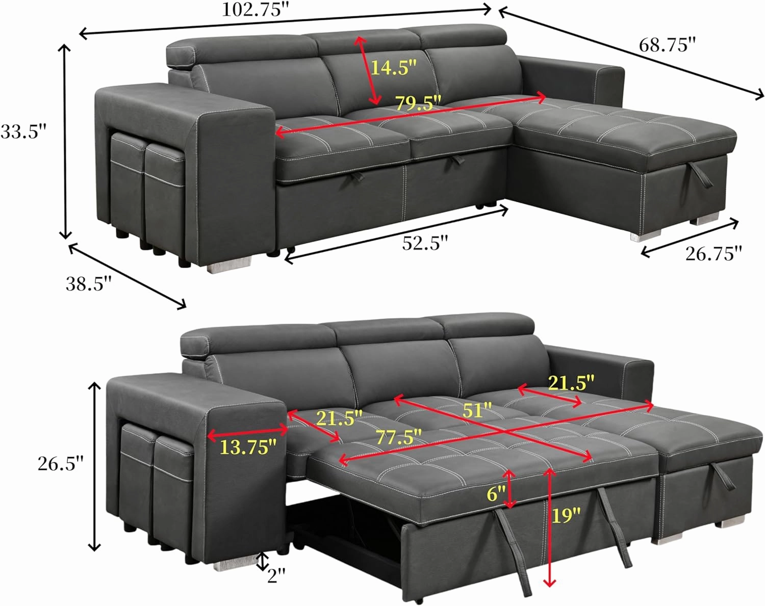 THSUPER 102'' Microfiber L Shaped Sectional Sleeper Sofa Couch with Pullout Bed and Storage Chaise, Convertible Couches with Adjustable Headrest for Living Room, Reversible Chaise. Charcoal Grey