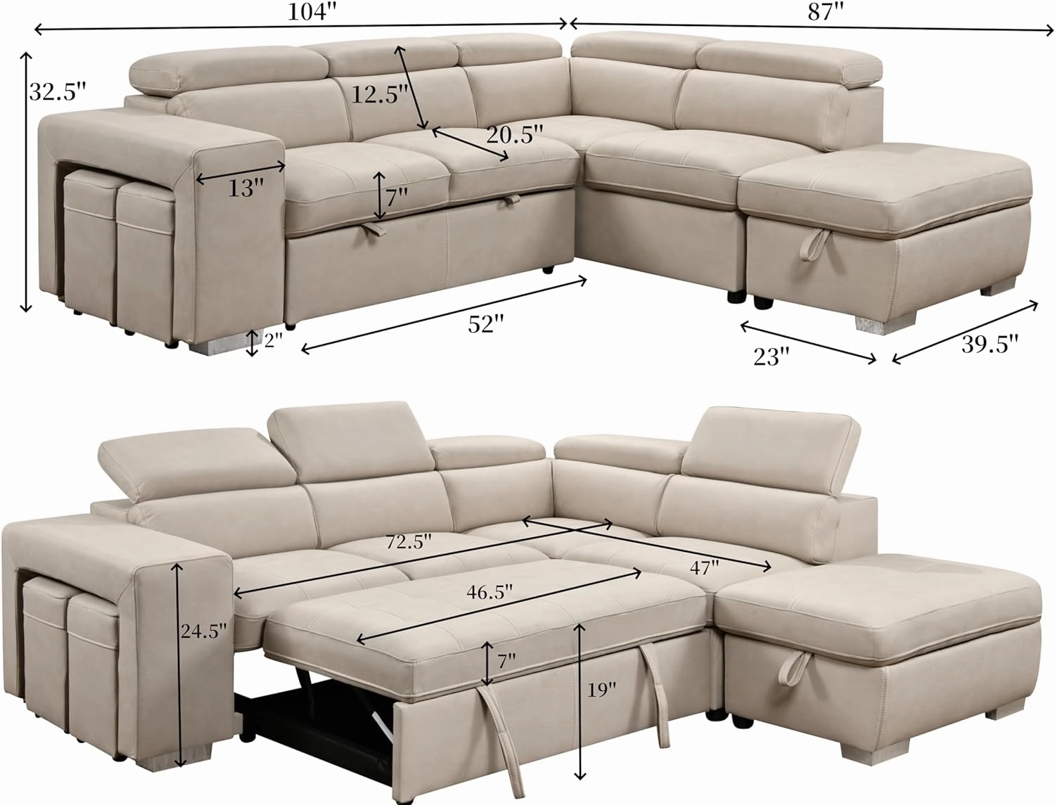THSUPER 104'' Microfiber L Shaped Sectional Sleeper Sofa Couch with Pull Out Bed and Storage Ottoman, Convertible Couches with Adjustable Headrest for Living Room, Right Facing Chaise. Beige