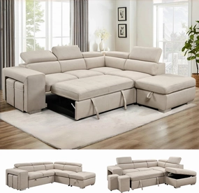 THSUPER 104'' Microfiber L Shaped Sectional Sleeper Sofa Couch with Pull Out Bed and Storage Ottoman, Convertible Couches with Adjustable Headrest for Living Room, Right Facing Chaise. Beige