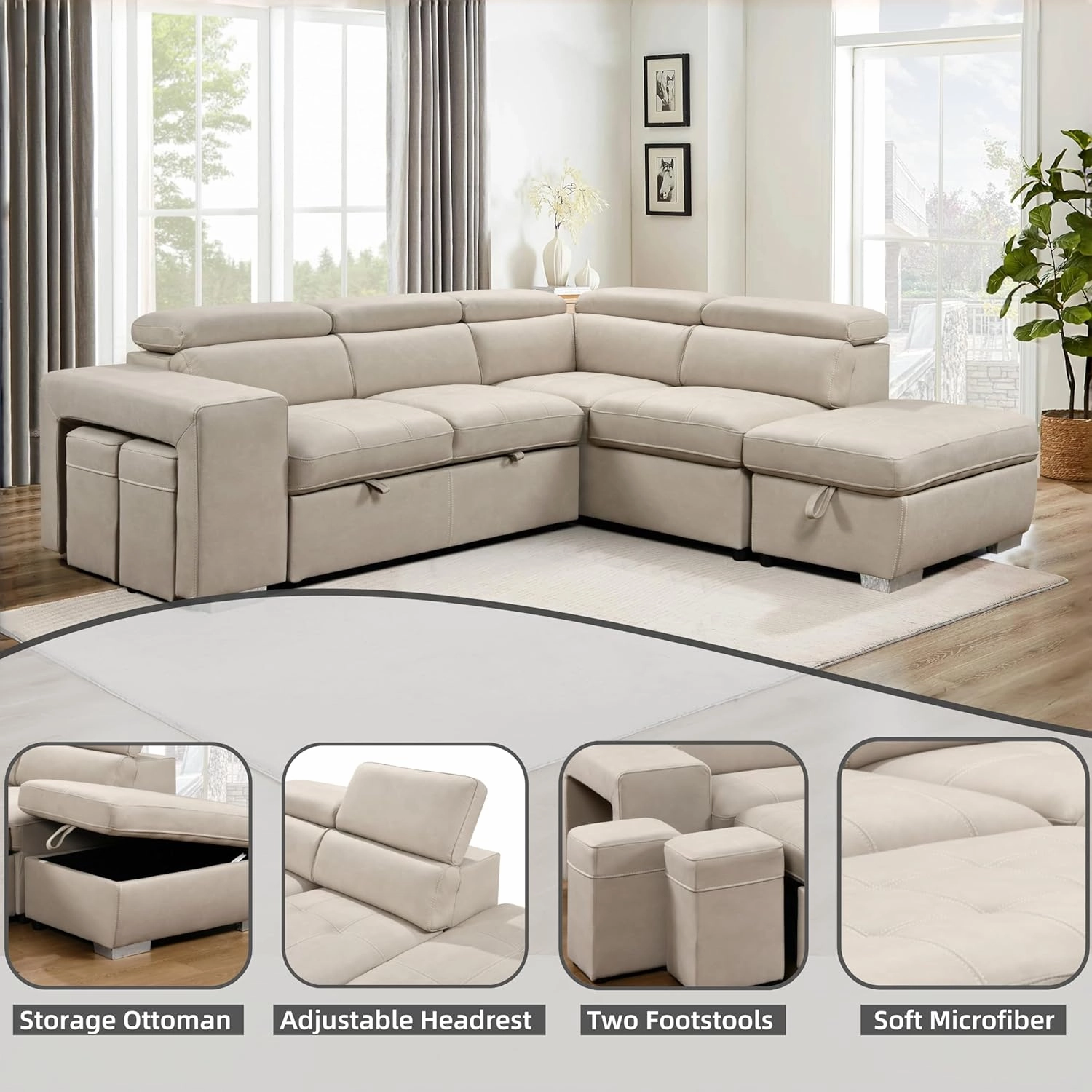THSUPER 104'' Microfiber L Shaped Sectional Sleeper Sofa Couch with Pull Out Bed and Storage Ottoman, Convertible Couches with Adjustable Headrest for Living Room, Right Facing Chaise. Beige