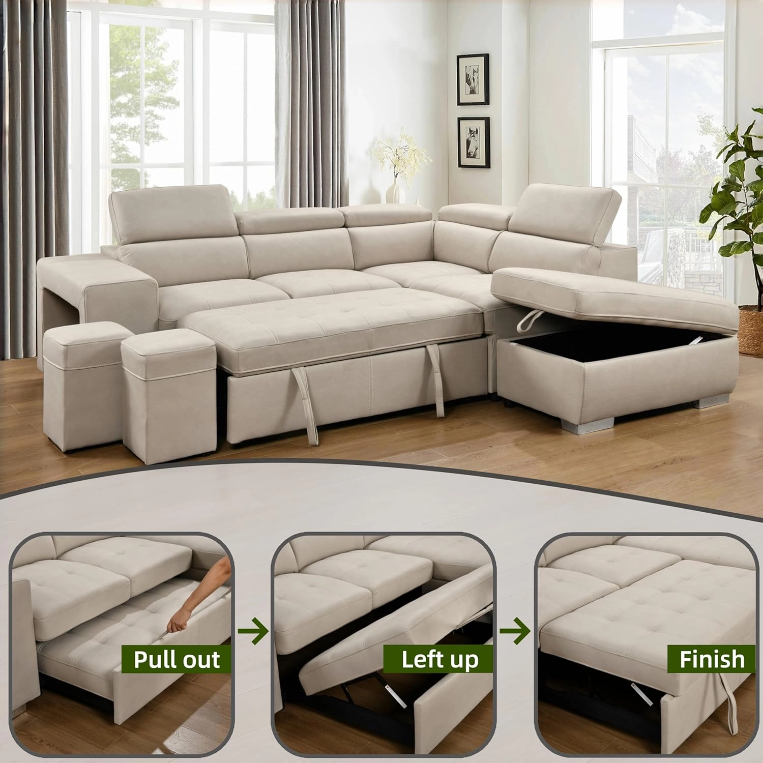 THSUPER 104'' Microfiber L Shaped Sectional Sleeper Sofa Couch with Pull Out Bed and Storage Ottoman, Convertible Couches with Adjustable Headrest for Living Room, Right Facing Chaise. Beige