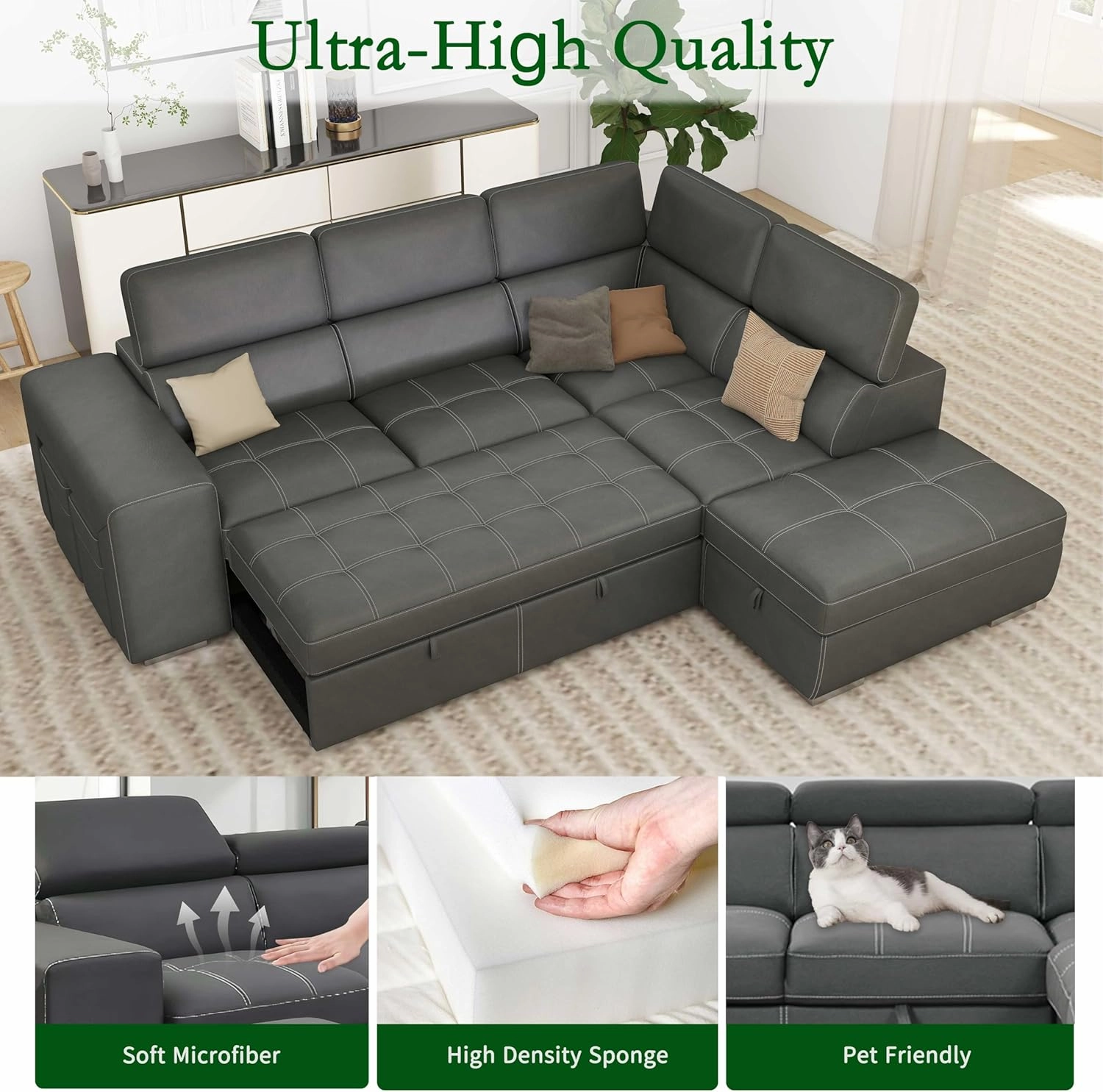THSUPER 104'' Microfiber L Shaped Sectional Sleeper Sofa Couch with Pull Out Bed and Storage Ottoman, Convertible Couches with Adjustable Headrest for Living Room, Right Facing Chaise. Charcoal Grey