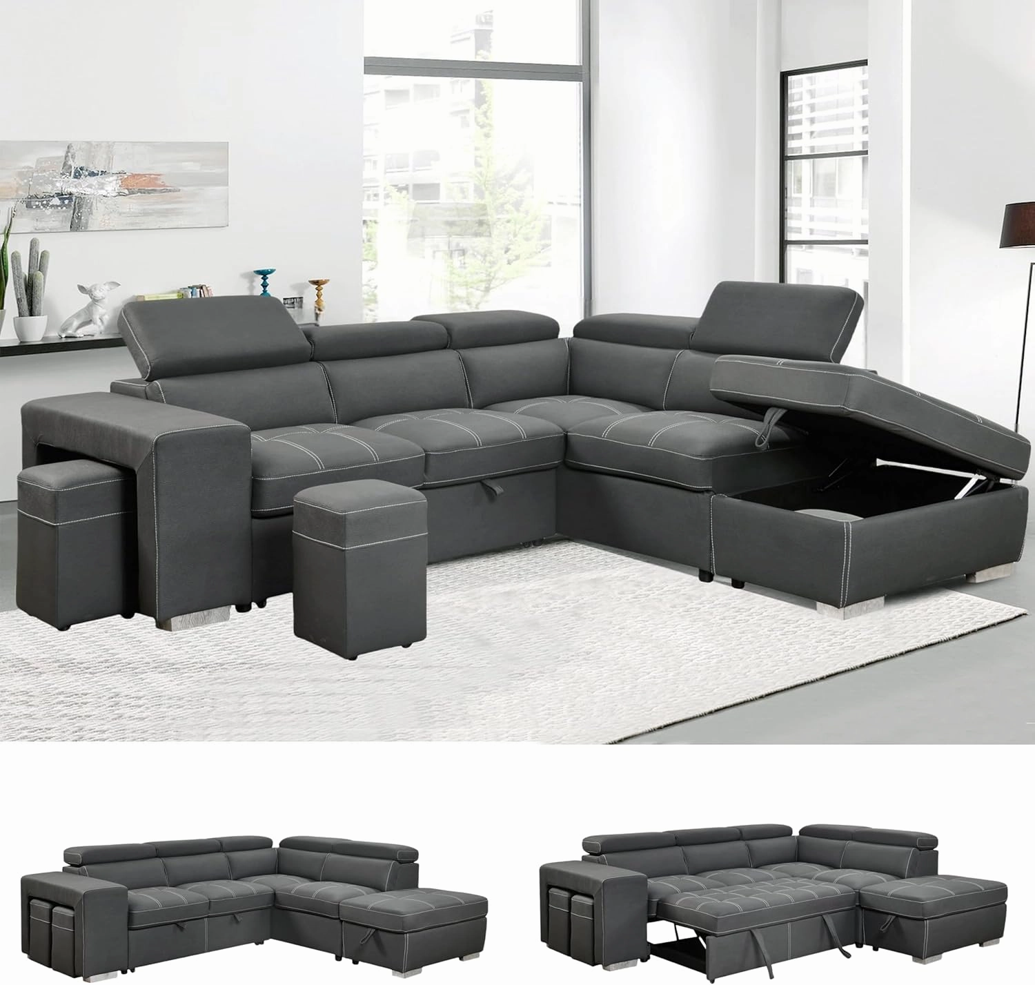 THSUPER 104'' Microfiber L Shaped Sectional Sleeper Sofa Couch with Pull Out Bed and Storage Ottoman, Convertible Couches with Adjustable Headrest for Living Room, Right Facing Chaise. Charcoal Grey