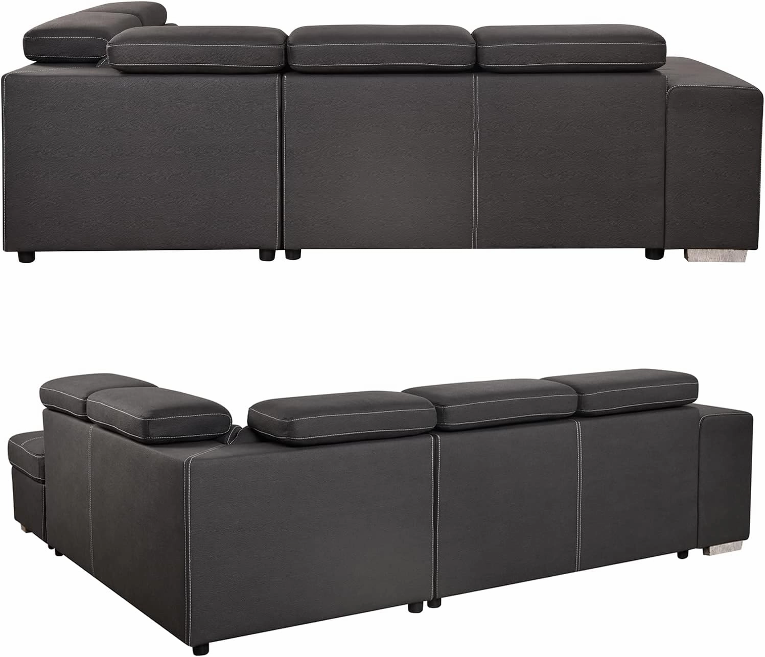 THSUPER 104'' Microfiber L Shaped Sectional Sleeper Sofa Couch with Pull Out Bed and Storage Ottoman, Convertible Couches with Adjustable Headrest for Living Room, Right Facing Chaise. Charcoal Grey