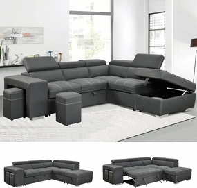 THSUPER 104'' Microfiber L Shaped Sectional Sleeper Sofa Couch with Pull Out Bed and Storage Ottoman, Convertible Couches with Adjustable Headrest for Living Room, Right Facing Chaise. Charcoal Grey