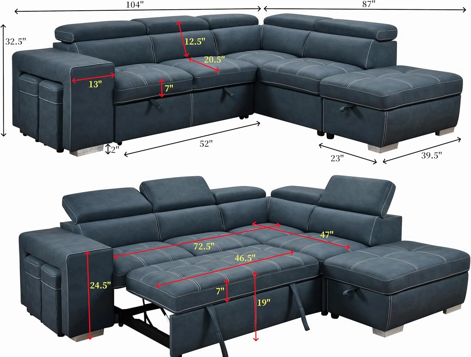 THSUPER 104'' Microfiber L Shaped Sectional Sleeper Sofa Couch with Pull Out Bed and Storage Ottoman, Convertible Couches with Adjustable Headrest for Living Room, Right Facing Chaise. Navy Blue
