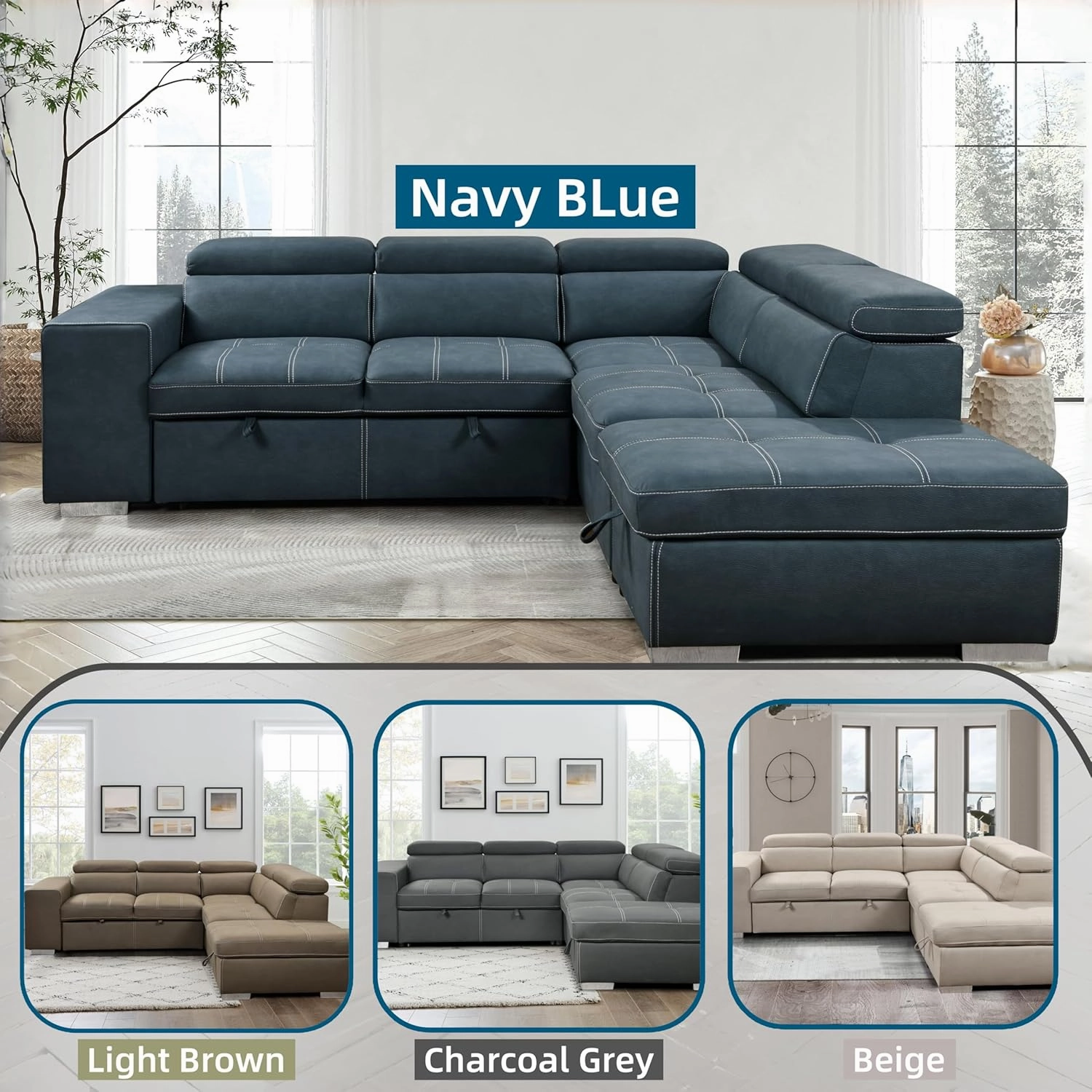 THSUPER 104'' Microfiber L Shaped Sectional Sleeper Sofa Couch with Pull Out Bed and Storage Ottoman, Convertible Couches with Adjustable Headrest for Living Room, Right Facing Chaise. Navy Blue