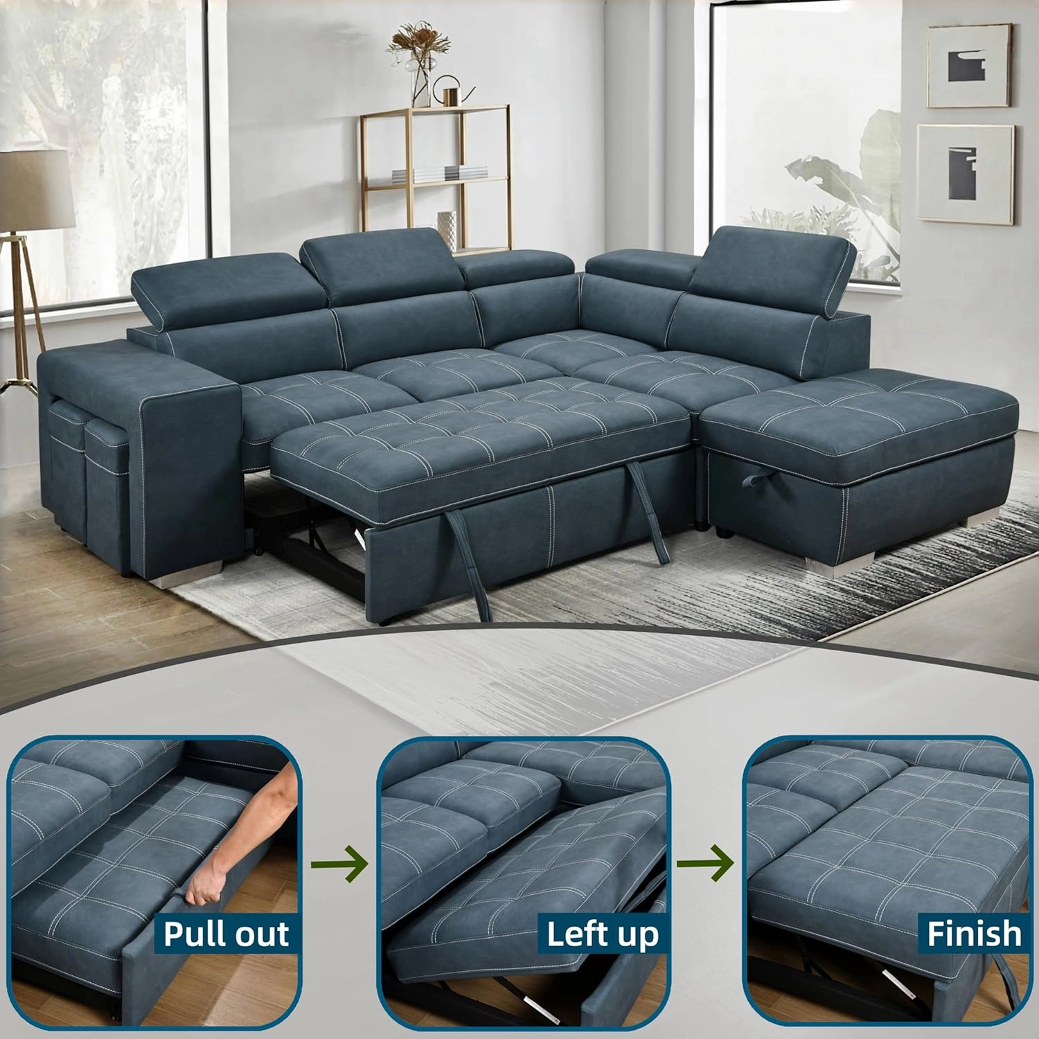 THSUPER 104'' Microfiber L Shaped Sectional Sleeper Sofa Couch with Pull Out Bed and Storage Ottoman, Convertible Couches with Adjustable Headrest for Living Room, Right Facing Chaise. Navy Blue