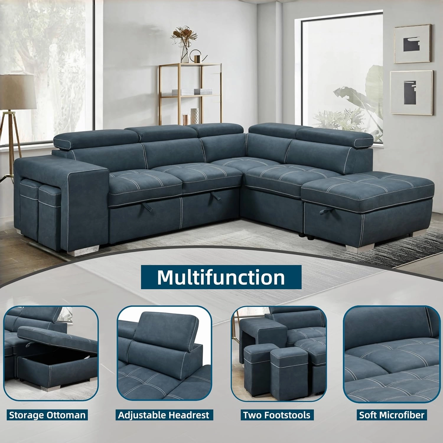 THSUPER 104'' Microfiber L Shaped Sectional Sleeper Sofa Couch with Pull Out Bed and Storage Ottoman, Convertible Couches with Adjustable Headrest for Living Room, Right Facing Chaise. Navy Blue