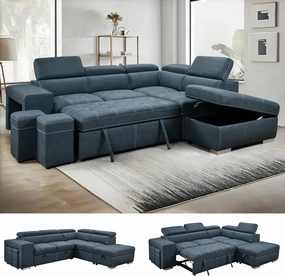 THSUPER 104'' Microfiber L Shaped Sectional Sleeper Sofa Couch with Pull Out Bed and Storage Ottoman, Convertible Couches with Adjustable Headrest for Living Room, Right Facing Chaise. Navy Blue