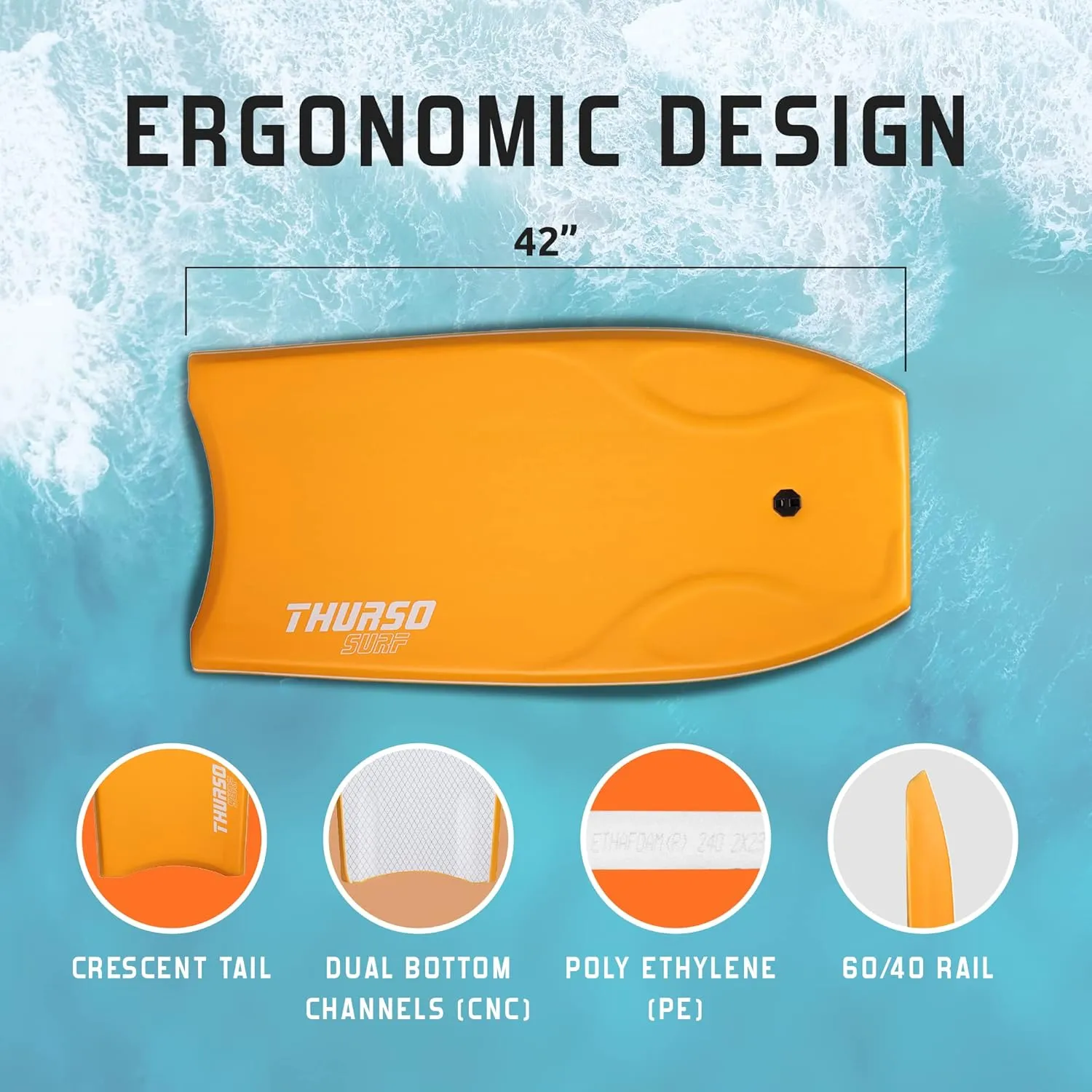 THURSO SURF 42'' Body Boards for Beach Pool Lightweight PE Core IXPE Deck HDPE Bottom FRP Stringers High Performance Body Board with Double Swivel Surf Leash and Bodyboard Bag Lightning