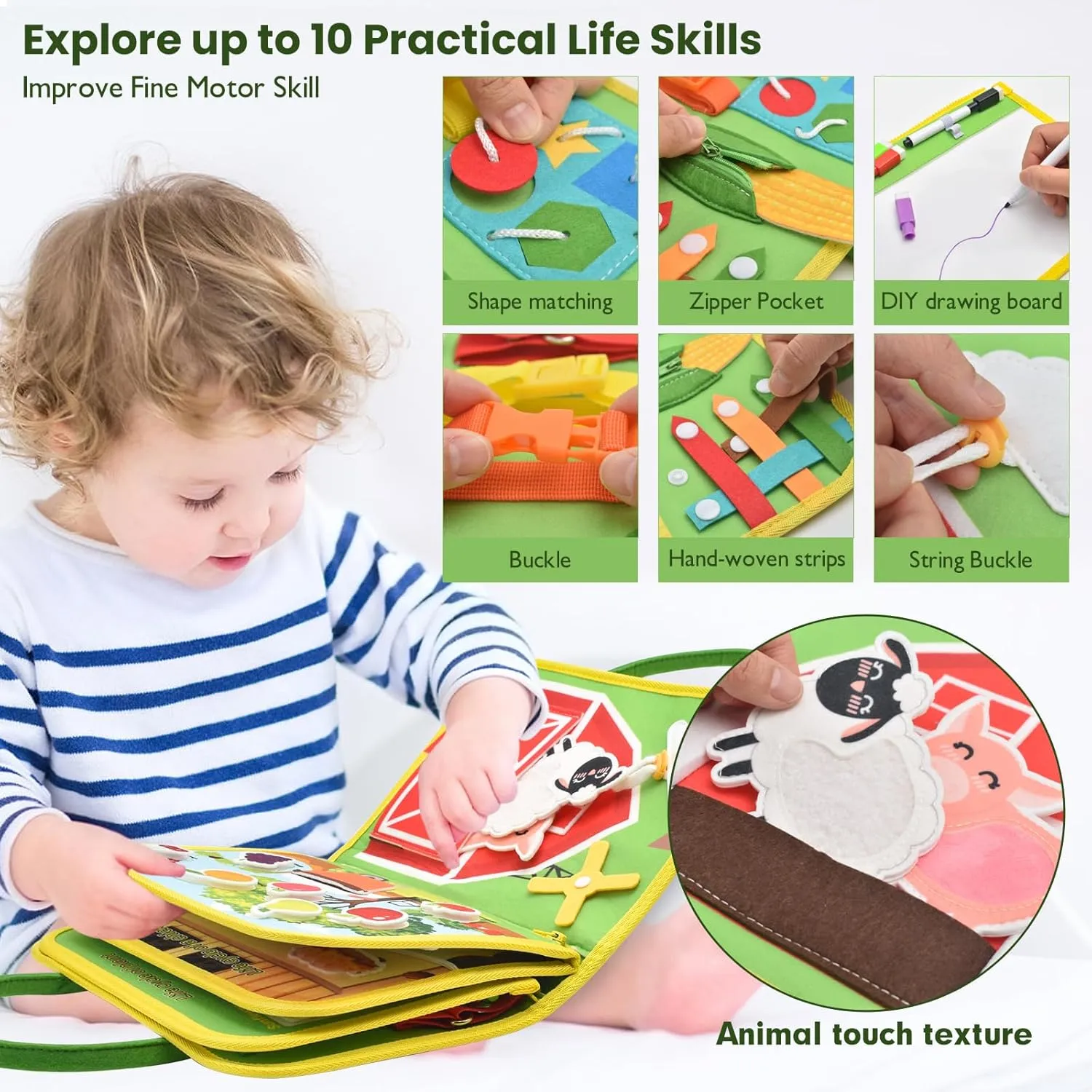 Toddler Busy Board Montessori Toys, Sensory Board Busy Book for Toddlers 1-3 Birthday Gifts - Preschool Learning Life Skills, Farm Green, 8 Pages