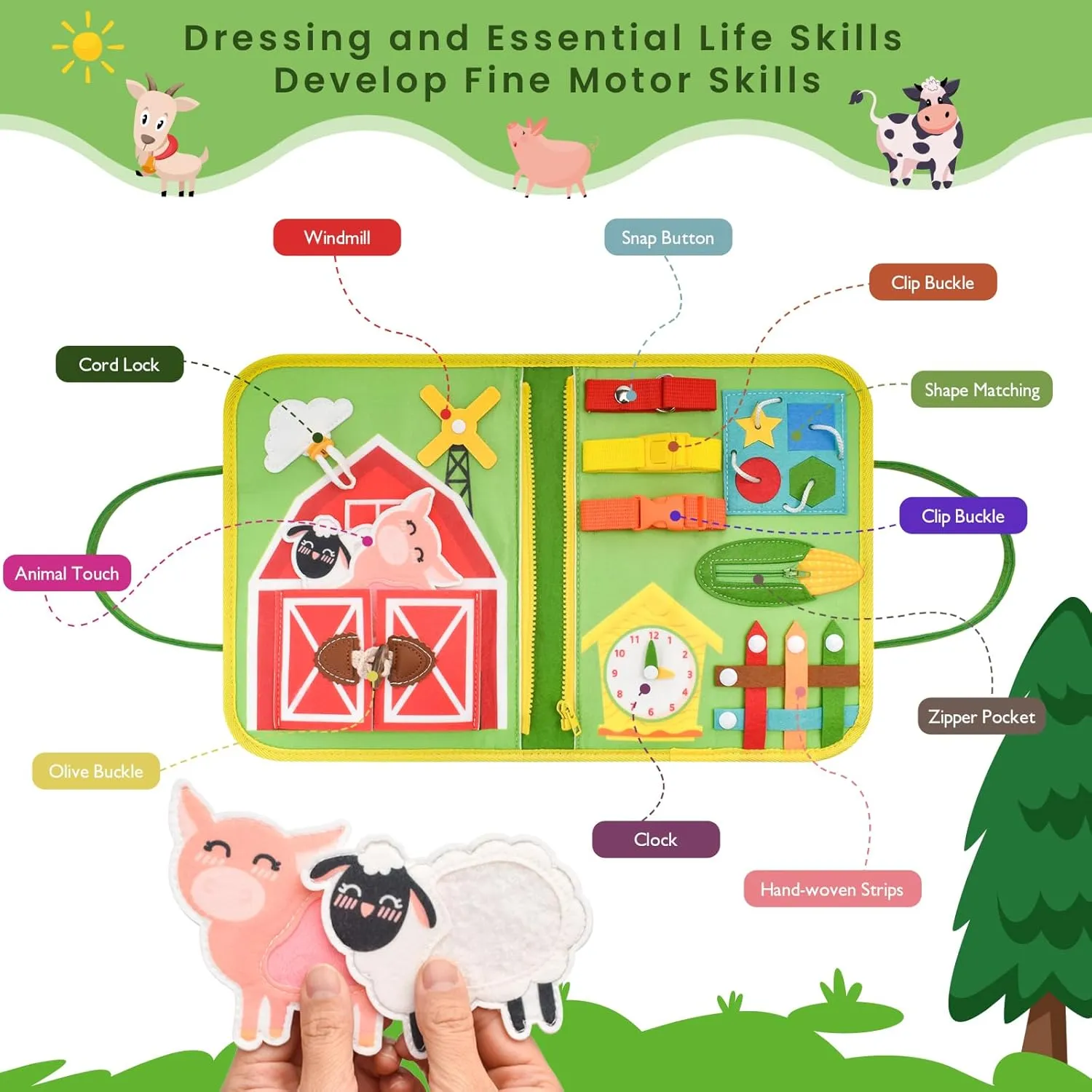 Toddler Busy Board Montessori Toys, Sensory Board Busy Book for Toddlers 1-3 Birthday Gifts - Preschool Learning Life Skills, Farm Green, 8 Pages