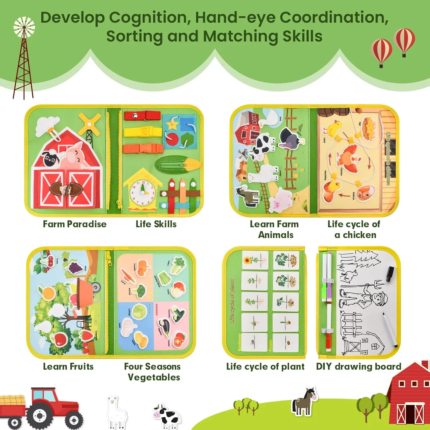 Toddler Busy Board Montessori Toys, Sensory Board Busy Book for Toddlers 1-3 Birthday Gifts - Preschool Learning Life Skills, Farm Green, 8 Pages