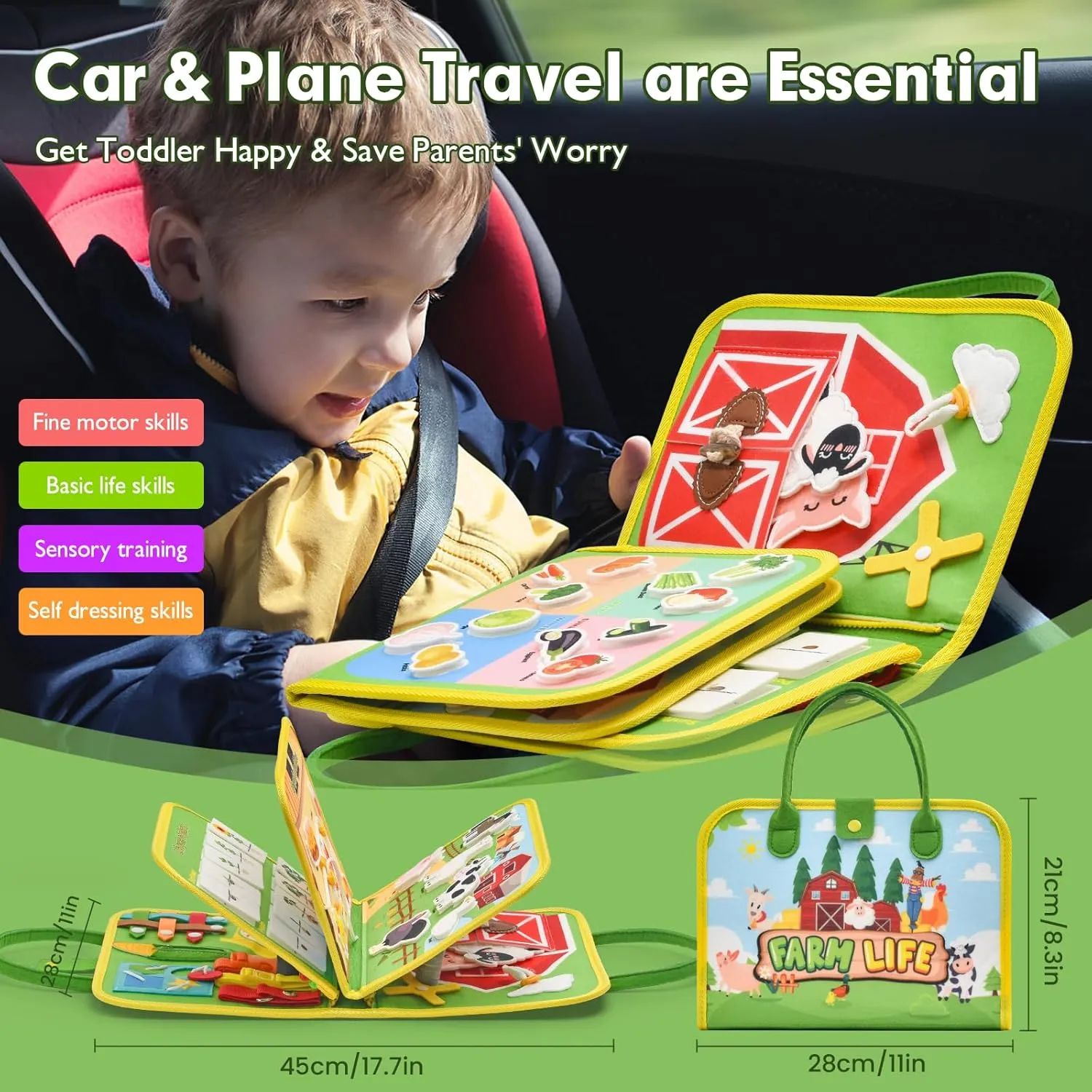 Toddler Busy Board Montessori Toys, Sensory Board Busy Book for Toddlers 1-3 Birthday Gifts - Preschool Learning Life Skills, Farm Green, 8 Pages