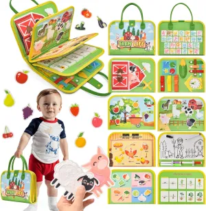Toddler Busy Board Montessori Toys, Sensory Board Busy Book for Toddlers 1-3 Birthday Gifts - Preschool Learning Life Skills, Farm Green, 8 Pages