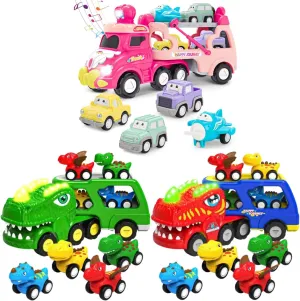 Toddler Car Toy for 2 3 4 5 Years Old,Friction Power Carrier Truck with 4 Pack Small Pull Back Dino Car,Christmas Birthday Gifts with Music & Lights Toys for Boys 4-7 Dinosaur Toys for Kids 3-5