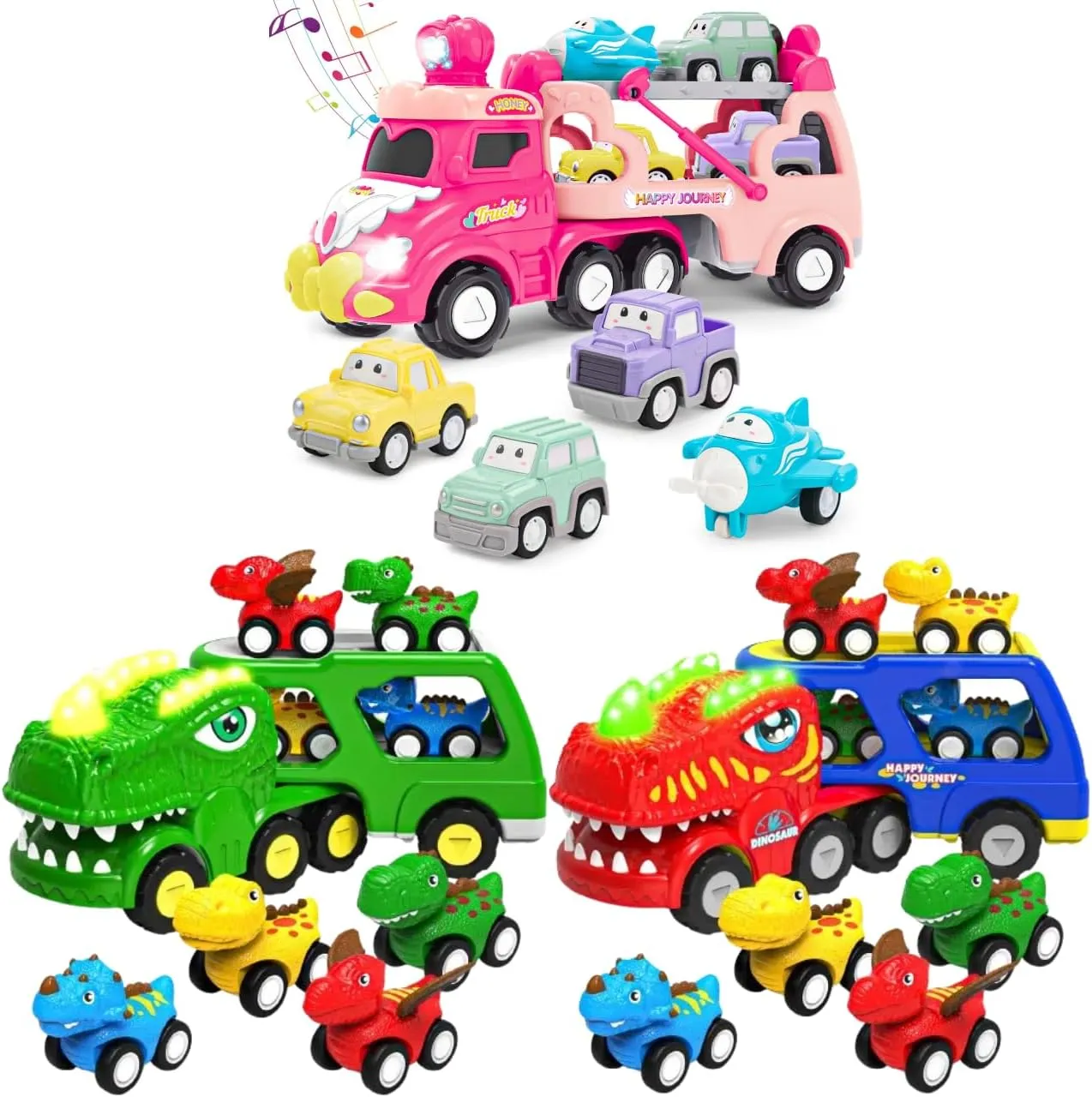 Toddler Car Toy for 2 3 4 5 Years Old,Friction Power Carrier Truck with 4 Pack Small Pull Back Dino Car,Christmas Birthday Gifts with Music & Lights Toys for Boys 4-7 Dinosaur Toys for Kids 3-5