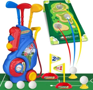 Toddler Golf Set for Boys Girls 2 3 4 5 Years Old, Upgraded Kids Golf Cart with Putting Mat & Cornhole Board, Outdoor Indoor Sports Toys, Blue