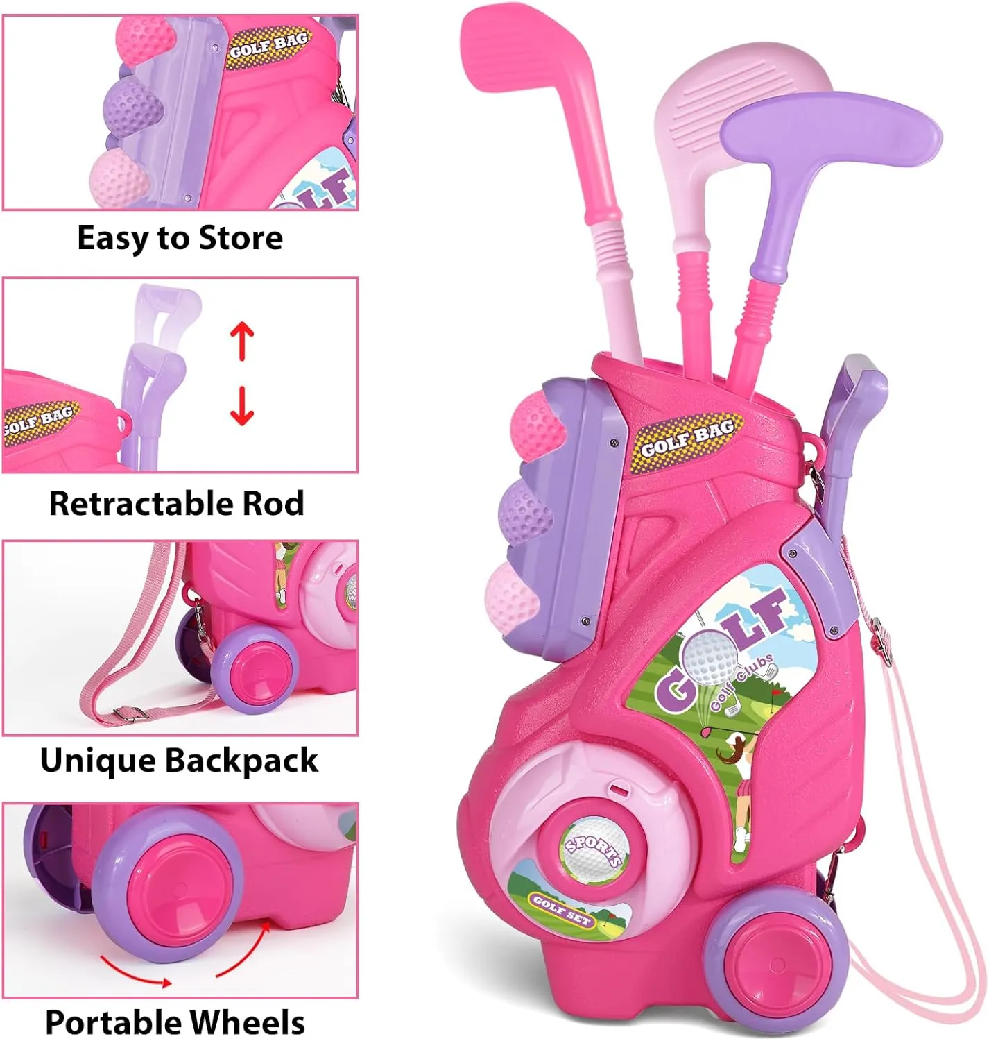 Toddler Golf Set for Boys Girls 2 3 4 Years Old, Upgraded Kids Golf Cart with Putting Mat & Cornhole Board, Outdoor Indoor Sports Toys, Pink