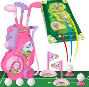 Toddler Golf Set for Boys Girls 2 3 4 Years Old, Upgraded Kids Golf Cart with Putting Mat & Cornhole Board, Outdoor Indoor Sports Toys, Pink