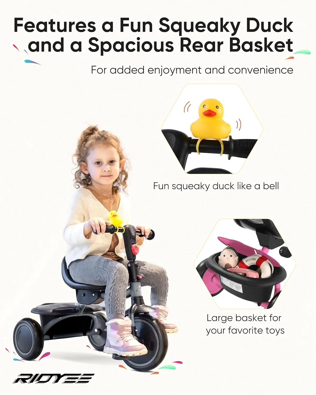Toddler Tricycle for 18 Months to 5 Years, Foldable Tricycles for 3-5 Year Olds, Kids Tricycle with Adjustable Carry-Friendly Ergonomic Seat and Covered Large Basket, Pink