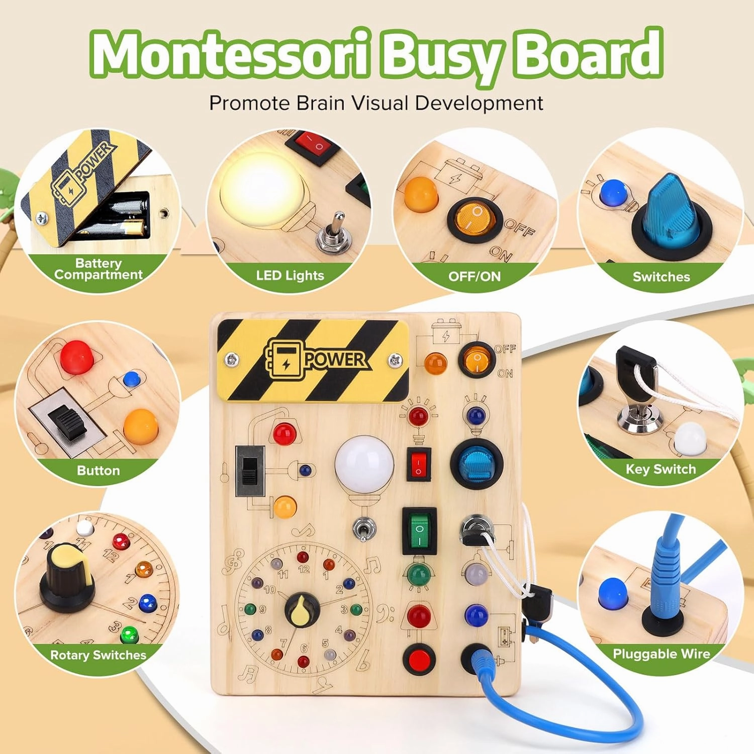 Toddler Toys Clock Busy Board with Led Light, Preschool Learning Activities Sensory Toys for Toddlers,Montessoti Toys for 1 2 3 Year Old