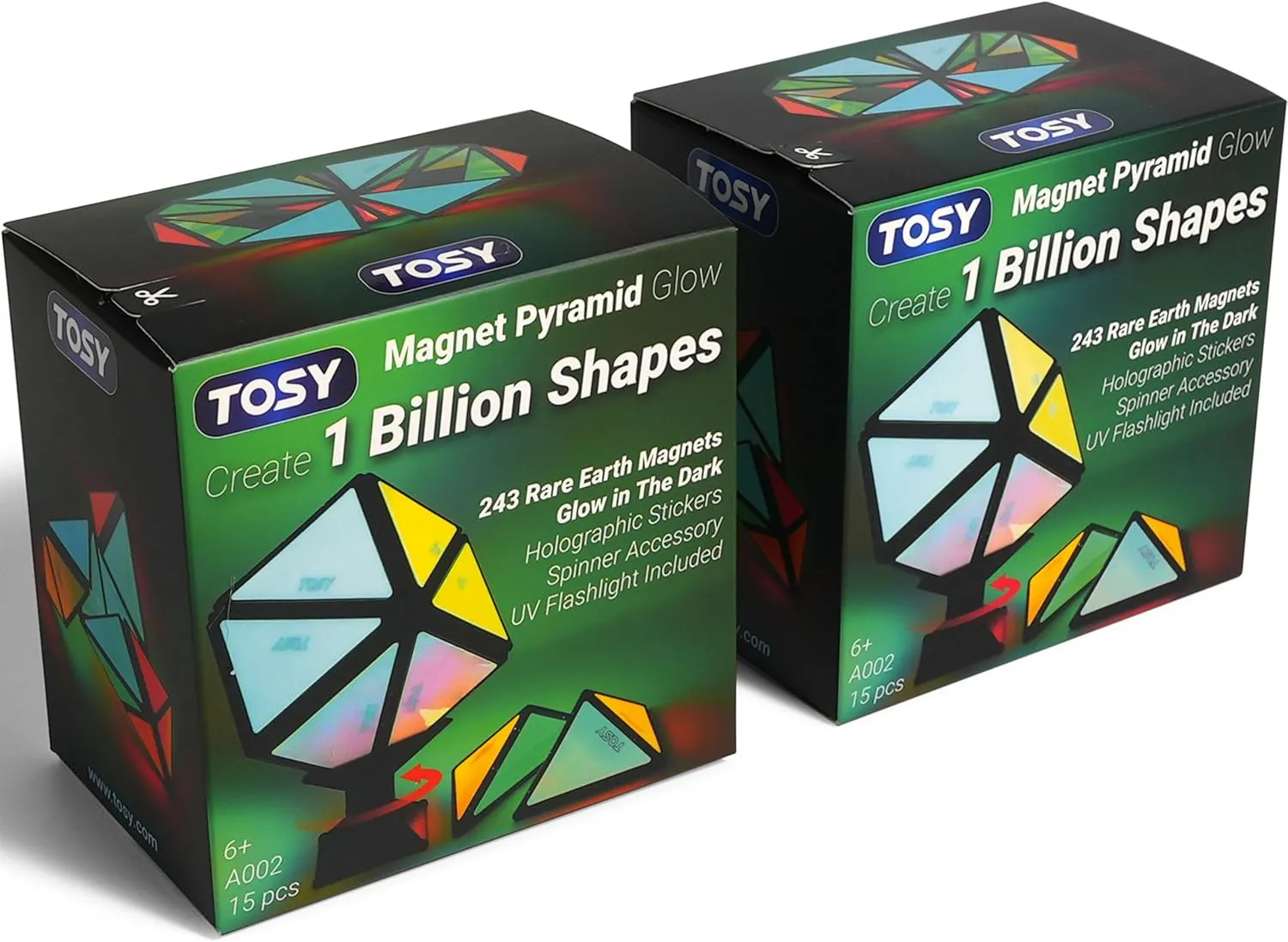 TOSY Magnet Pyramid Glow - 1 Cube Transforms into 1 Billion Shapes, 12 Pieces, 243 Rare Earth Magnets, Glowing, Holographic Design Magnet Tiles Creative Puzzle STEAM Toy, 2-Pack