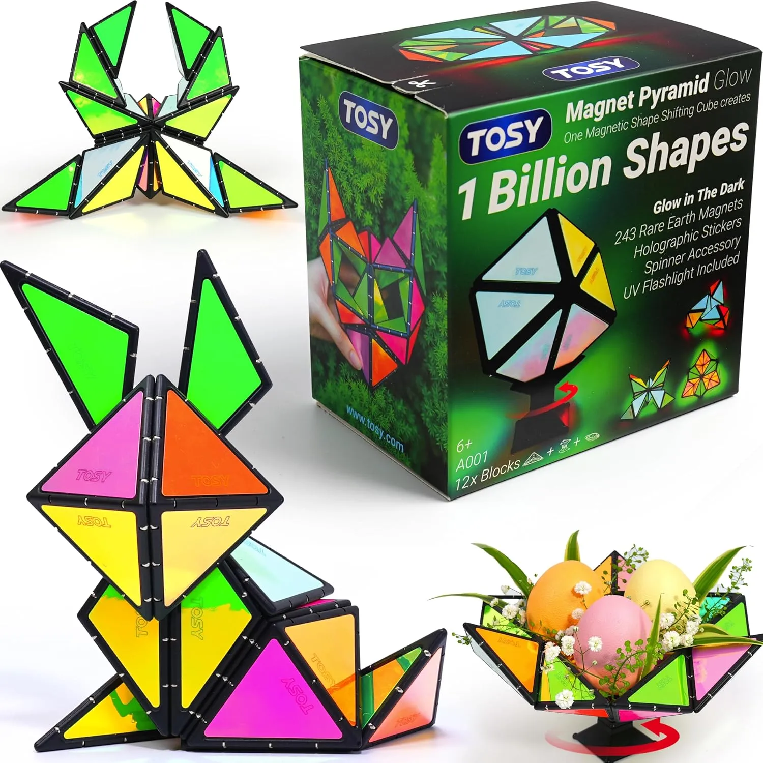 TOSY Magnet Pyramid Glow - 1 Cube Transforms into 1 Billion Shapes, 12 Pieces, 243 Rare Earth Magnets, Glowing, Holographic Design Magnet Tiles Creative Puzzle STEAM Toy
