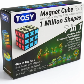 TOSY Magnet Cube 3x3 - 240 Magnets, 30 Blocks, 7 in 1 Toy: Puzzle Cube Game, Creative Building Blocks, Transformable Fidget Spinner, Infinity Cube, Magnet Tiles, UV Flashlight, Glowing STEAM Toy