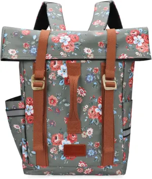 TOURBON Canvas Pannier Backpack Bike Rear Rack Bag Bicycle Side Bag Laptop Carrier Backpack for Women - Green with Flower
